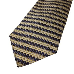 Domani Mens Silk Necktie Navy Blue Gold Silver Geometric‎ 3D Cube Pattern Korea